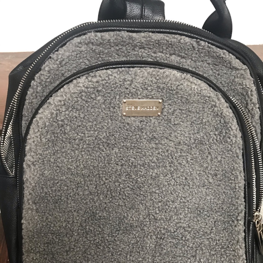 Grey fuzzy shearling backpack